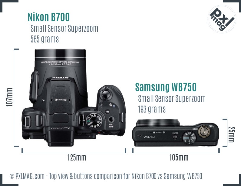 Nikon B700 vs Samsung WB750 top view buttons comparison