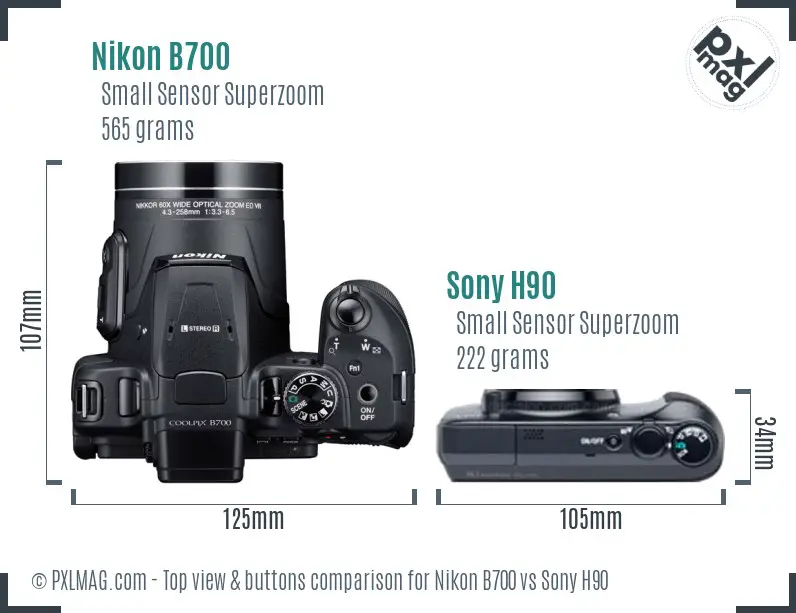 Nikon B700 vs Sony H90 top view buttons comparison