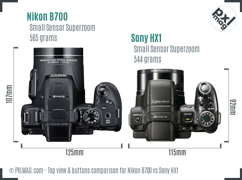 Nikon B700 vs Sony HX1 top view buttons comparison
