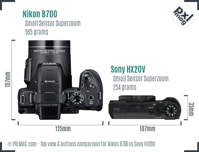 Nikon B700 vs Sony HX20V top view buttons comparison Nikon B700 vs Sony HX20V top view buttons comparison