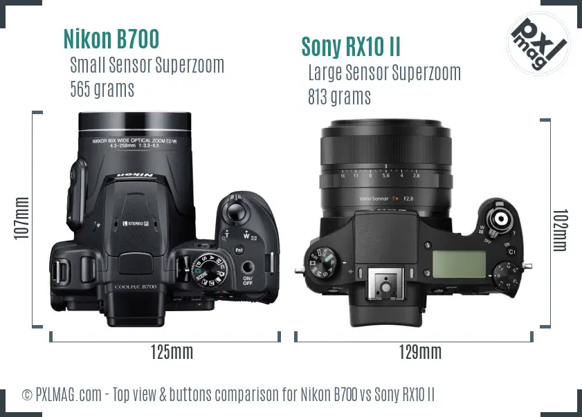 Nikon B700 vs Sony RX10 II top view buttons comparison