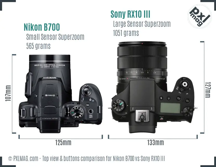 Nikon B700 vs Sony RX10 III top view buttons comparison