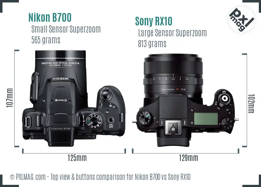 Nikon B700 vs Sony RX10 top view buttons comparison