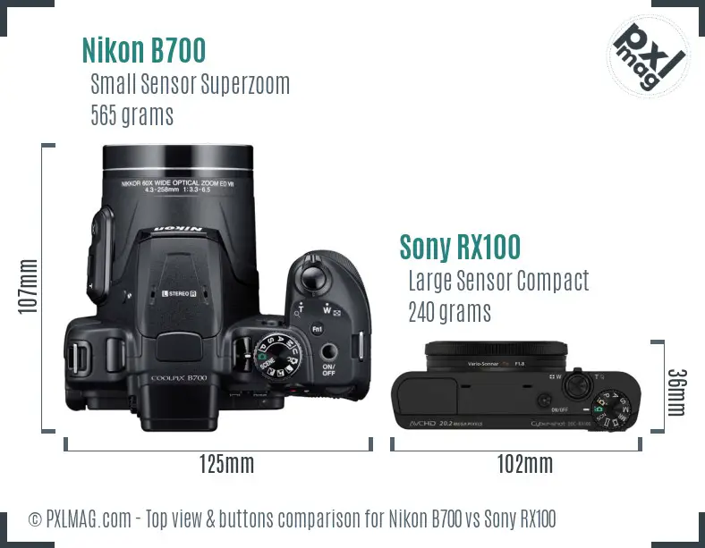Nikon B700 vs Sony RX100 top view buttons comparison
