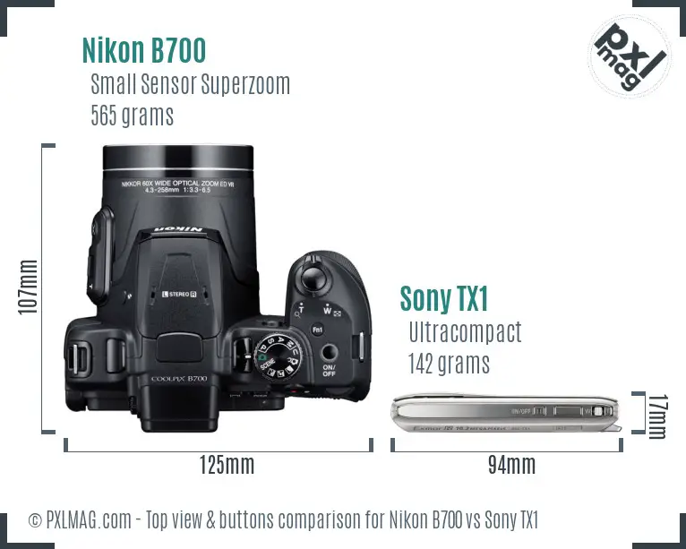 Nikon B700 vs Sony TX1 top view buttons comparison