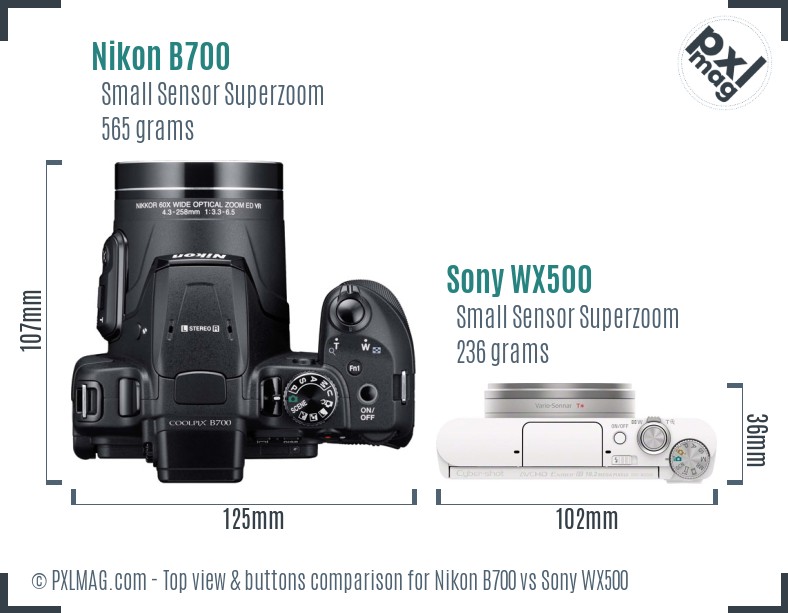 Nikon B700 vs Sony WX500 top view buttons comparison