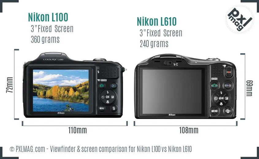 Nikon L100 vs Nikon L610 Screen and Viewfinder comparison