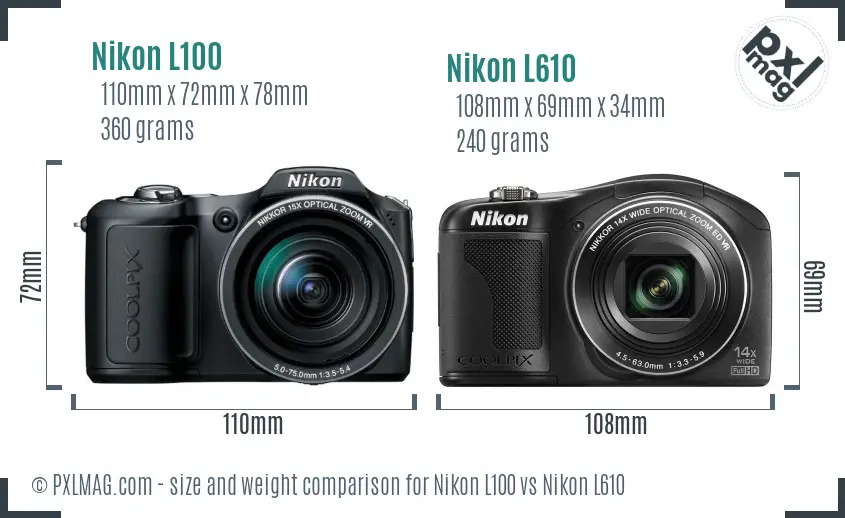 Nikon L100 vs Nikon L610 size comparison