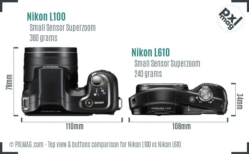 Nikon L100 vs Nikon L610 top view buttons comparison
