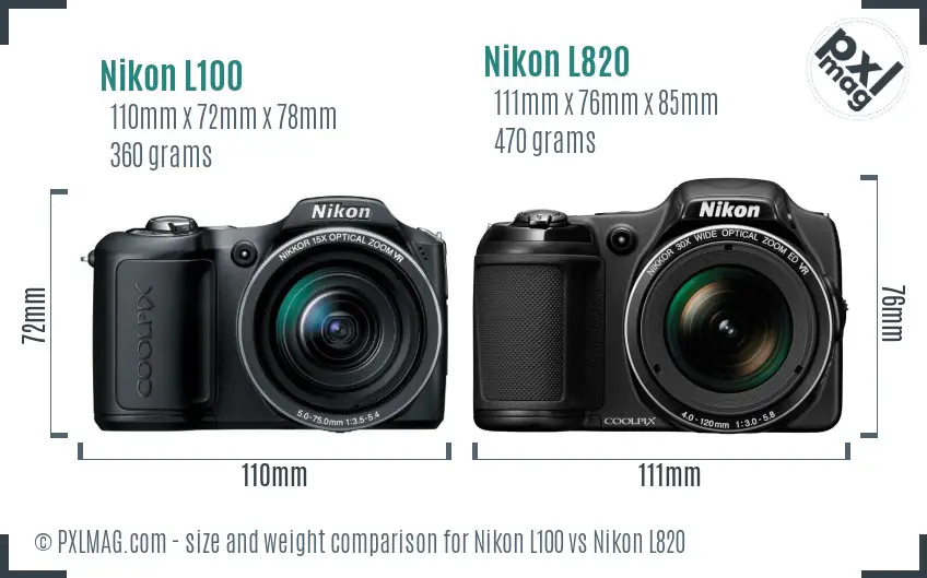 Nikon L100 vs Nikon L820 size comparison