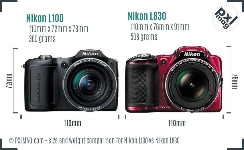 Nikon L100 vs Nikon L830 size comparison
