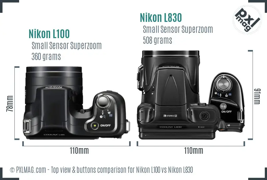 Nikon L100 vs Nikon L830 top view buttons comparison