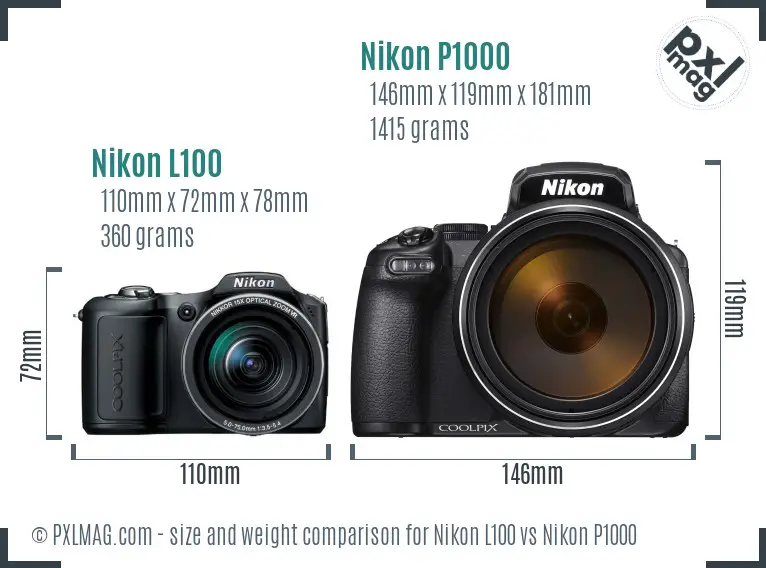 Nikon L100 vs Nikon P1000 size comparison