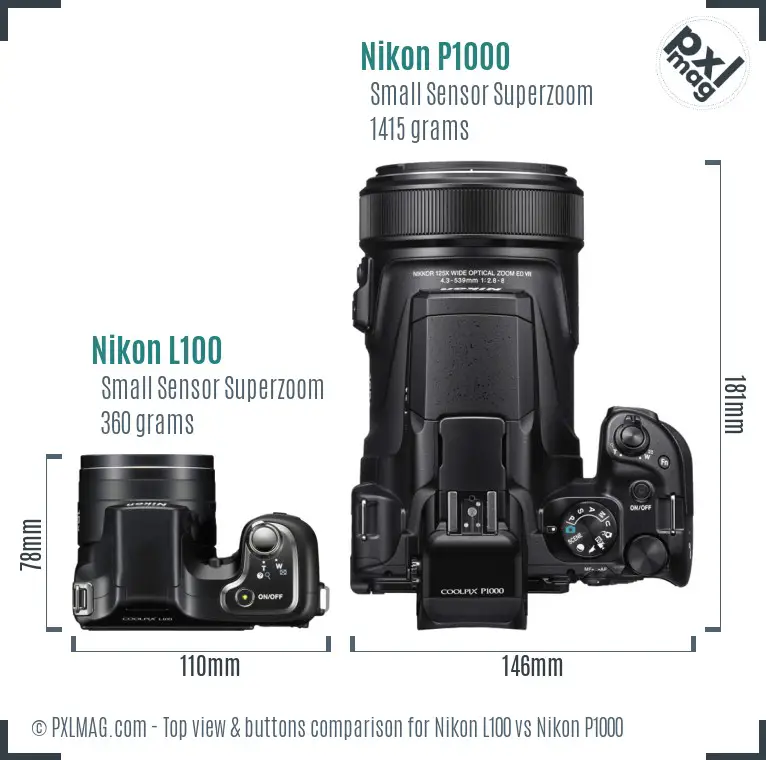 Nikon L100 vs Nikon P1000 top view buttons comparison
