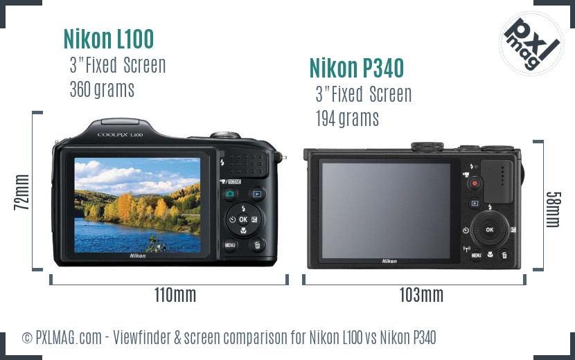 Nikon L100 vs Nikon P340 Screen and Viewfinder comparison