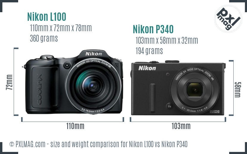 Nikon L100 vs Nikon P340 size comparison Nikon L100 vs Nikon P340 size comparison