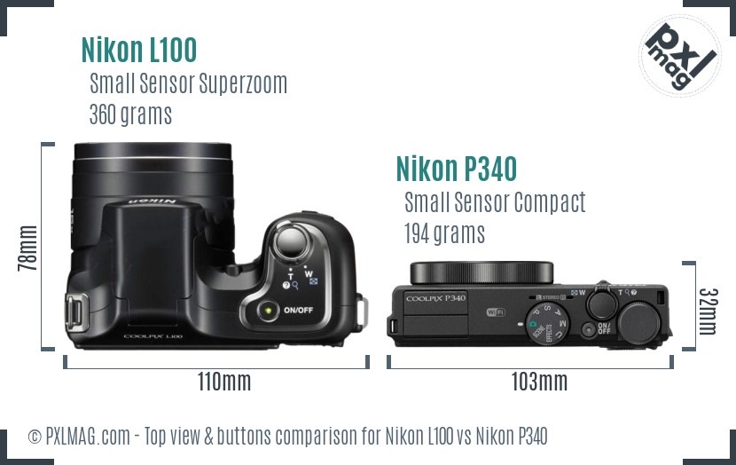 Nikon L100 vs Nikon P340 top view buttons comparison