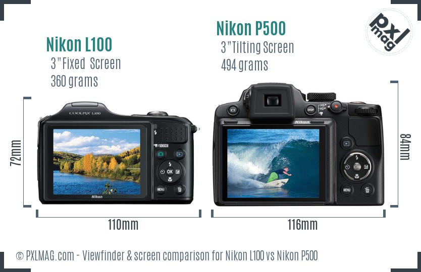 Nikon L100 vs Nikon P500 Screen and Viewfinder comparison