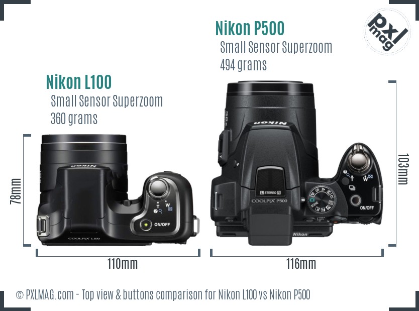 Nikon L100 vs Nikon P500 top view buttons comparison