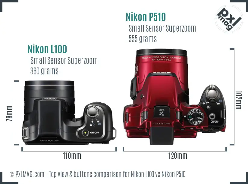 Nikon L100 vs Nikon P510 top view buttons comparison Nikon L100 vs Nikon P510 top view buttons comparison
