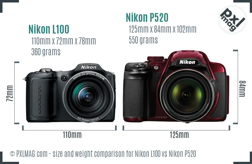 Nikon L100 vs Nikon P520 size comparison