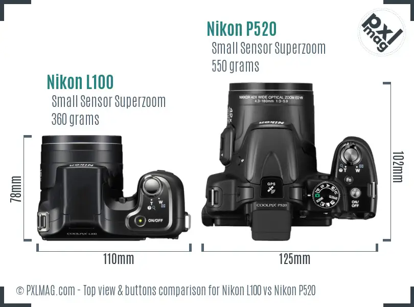 Nikon L100 vs Nikon P520 top view buttons comparison