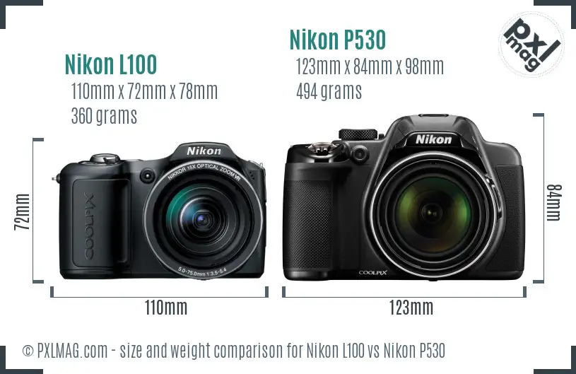 Nikon L100 vs Nikon P530 size comparison