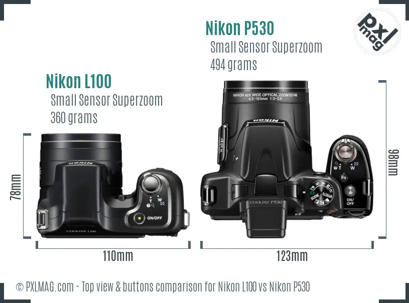 Nikon L100 vs Nikon P530 top view buttons comparison