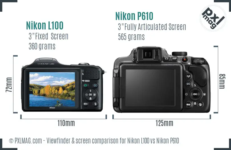 Nikon L100 vs Nikon P610 Screen and Viewfinder comparison