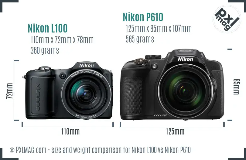 Nikon L100 vs Nikon P610 size comparison