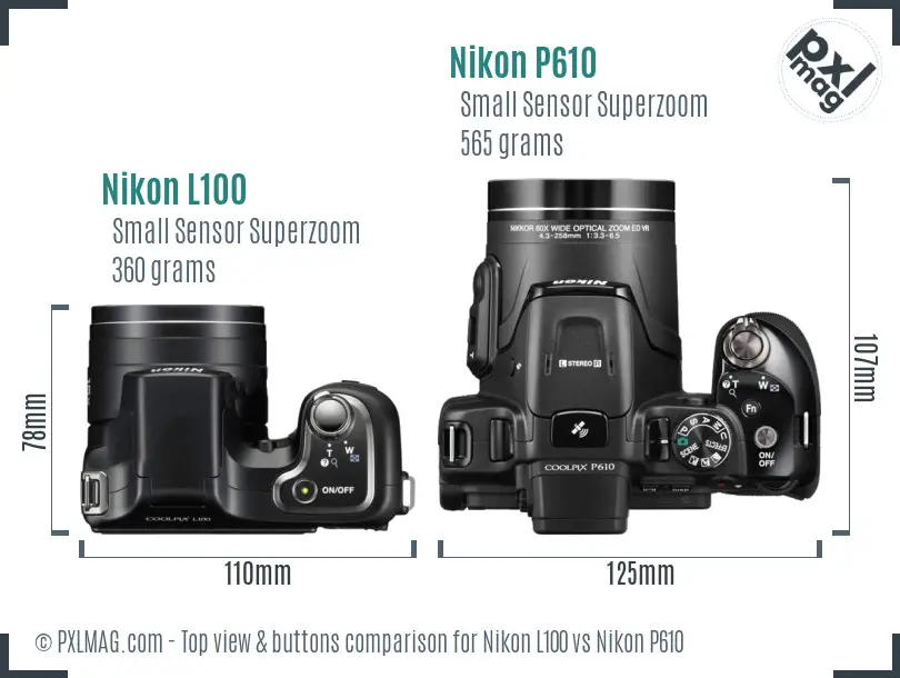 Nikon L100 vs Nikon P610 top view buttons comparison