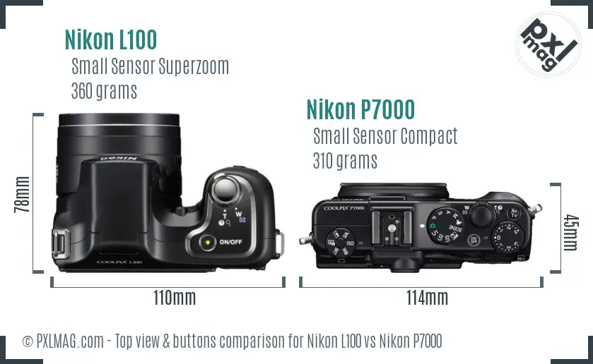 Nikon L100 vs Nikon P7000 top view buttons comparison