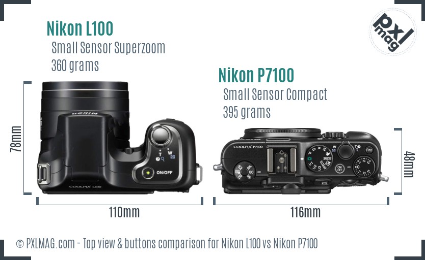 Nikon L100 vs Nikon P7100 top view buttons comparison