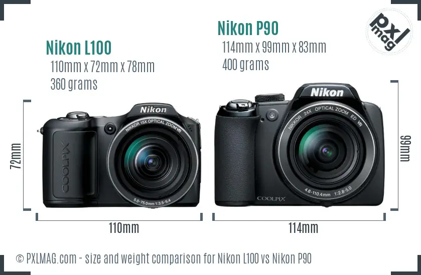 Nikon L100 vs Nikon P90 size comparison