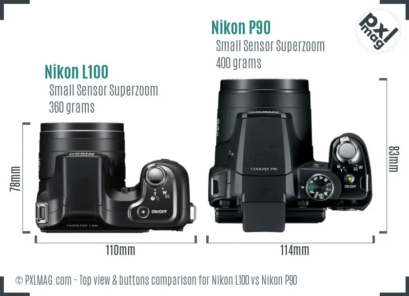 Nikon L100 vs Nikon P90 top view buttons comparison