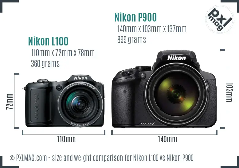 Nikon L100 vs Nikon P900 size comparison