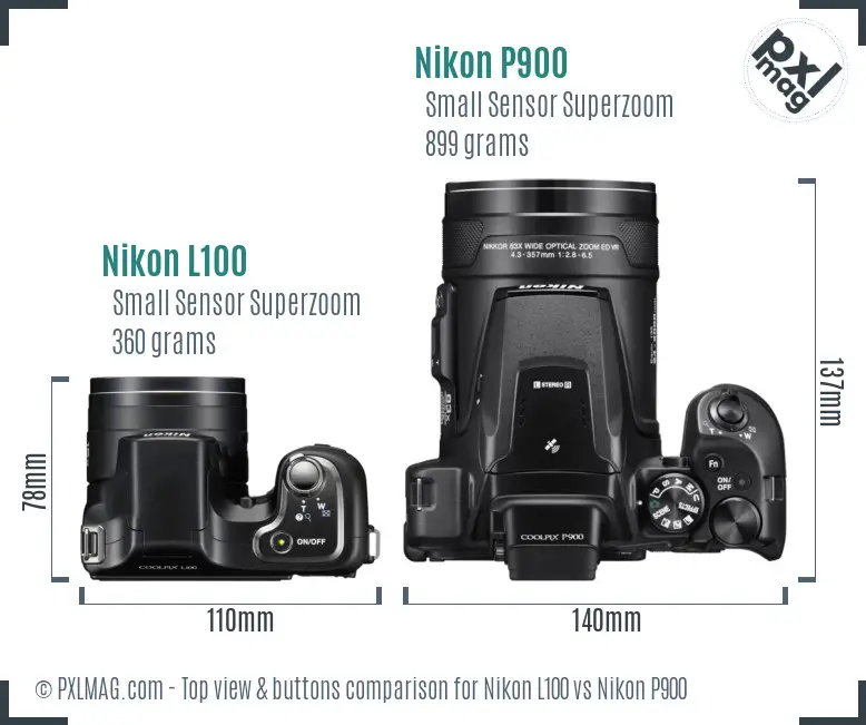 Nikon L100 vs Nikon P900 top view buttons comparison