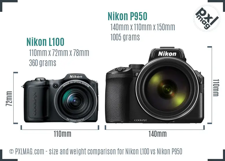 Nikon L100 vs Nikon P950 size comparison