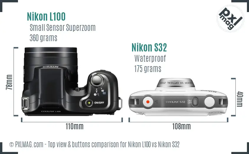 Nikon L100 vs Nikon S32 top view buttons comparison