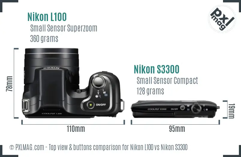 Nikon L100 vs Nikon S3300 top view buttons comparison