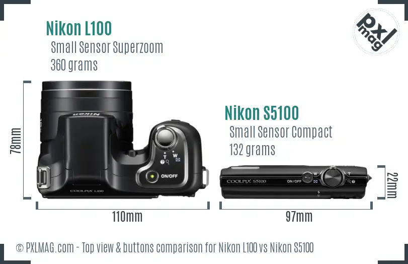 Nikon L100 vs Nikon S5100 top view buttons comparison