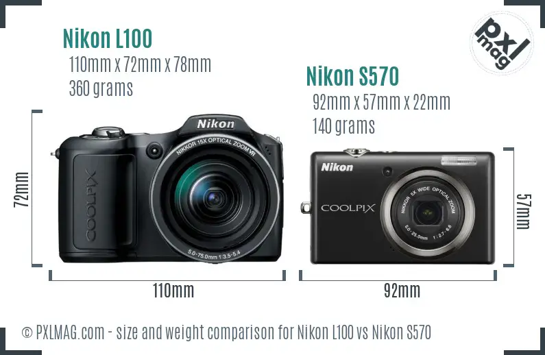 Nikon L100 vs Nikon S570 size comparison