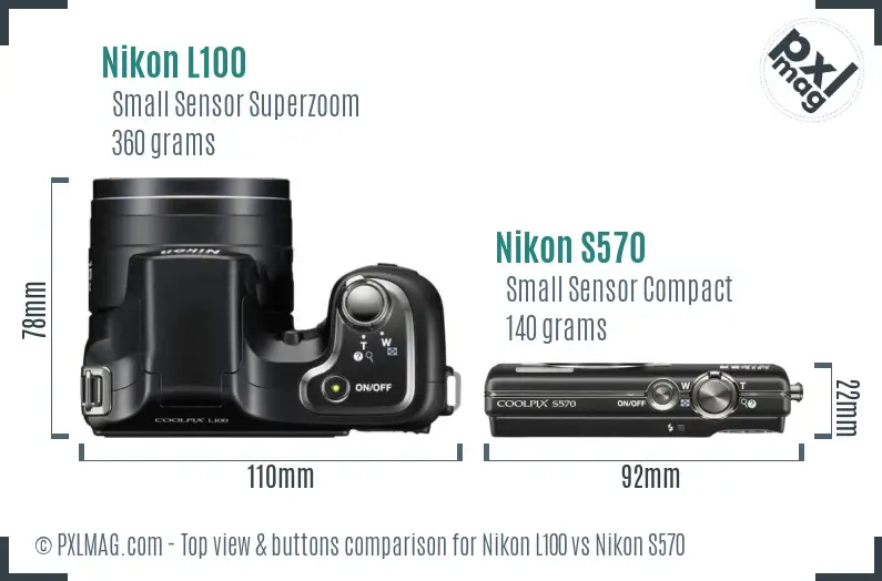 Nikon L100 vs Nikon S570 top view buttons comparison