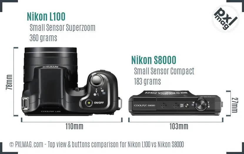 Nikon L100 vs Nikon S8000 top view buttons comparison Nikon L100 vs Nikon S8000 top view buttons comparison
