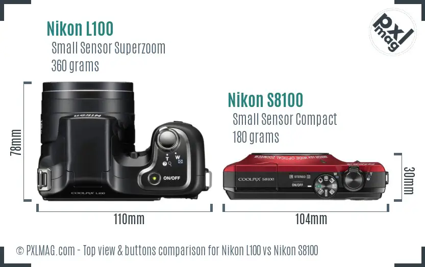 Nikon L100 vs Nikon S8100 top view buttons comparison