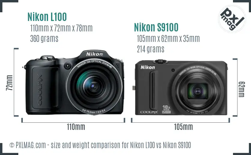 Nikon L100 vs Nikon S9100 size comparison