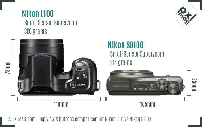 Nikon L100 vs Nikon S9100 top view buttons comparison