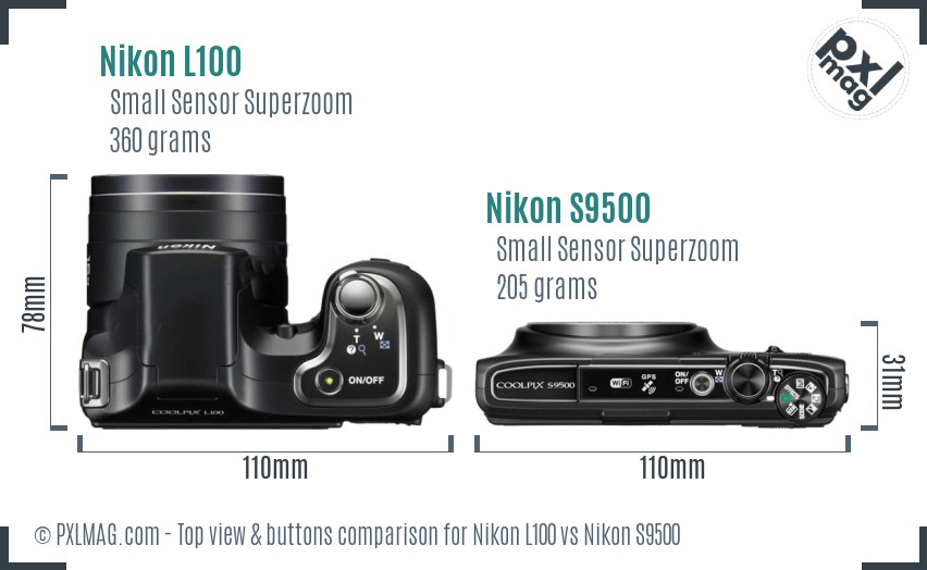Nikon L100 vs Nikon S9500 top view buttons comparison