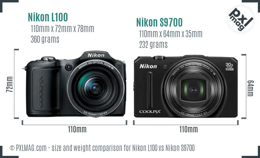 Nikon L100 vs Nikon S9700 size comparison