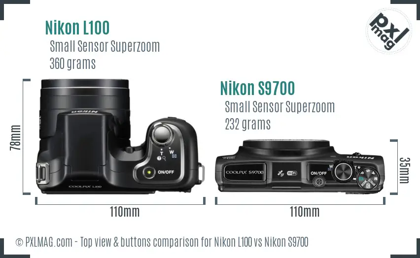 Nikon L100 vs Nikon S9700 top view buttons comparison